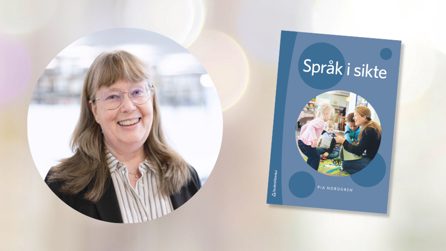Bild på Pia Nordgren och mockup av boken Språk i sikte