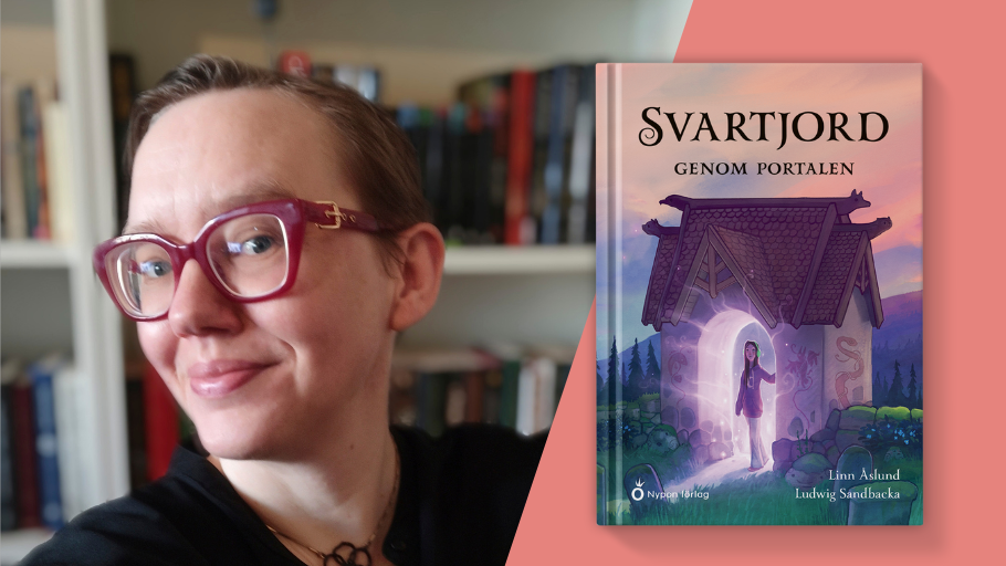 Linn Åslund tillsammans med sin nya bok Svartjord – Genom portalen