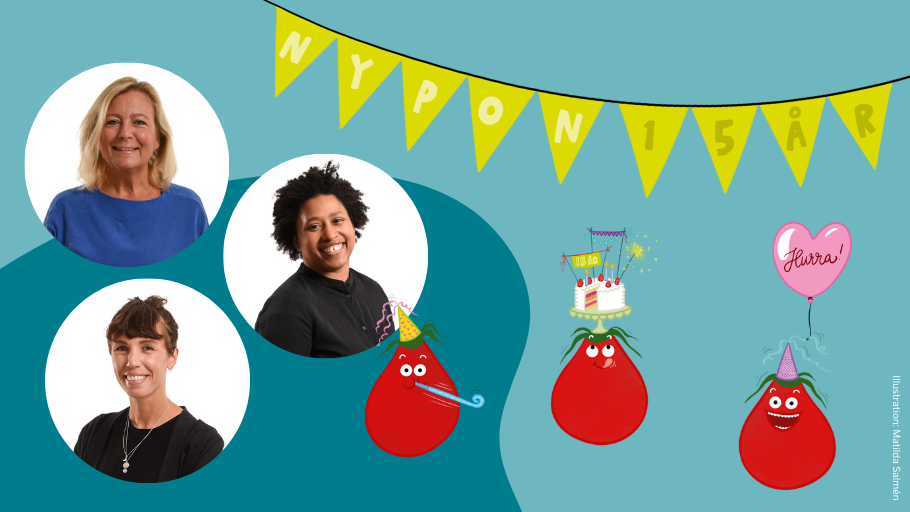 Förläggare från Nypon och Vilja förlag tillsammans med illustrerade nypon med partyhattar