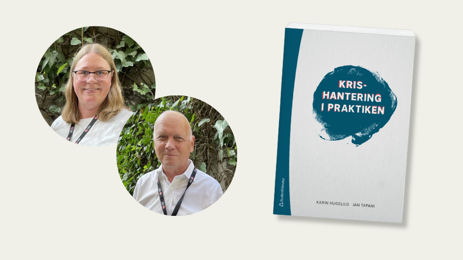 Bild på Karin Hugelius och Jan Tapani och mockup av boken Krishantering i praktiken