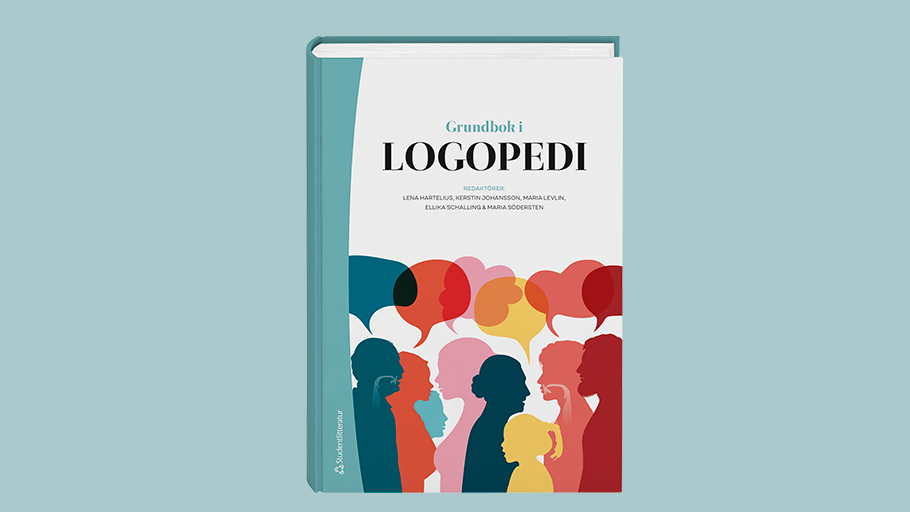 Mockup av boken Grundbok i logopedi på blå bakgrund