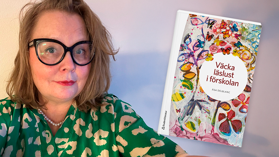 Porträttbild av Åsa Delblanc till vänster och mockup av boken Väcka läslust i förskolan till vänster