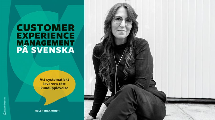Bild på omslag av boken Customer experience management på svenska och foto av författaren Helén Rigamonti