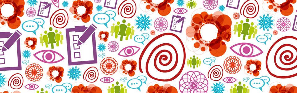 Ikoner och abstrakta former i olika färger på vit bakgrund