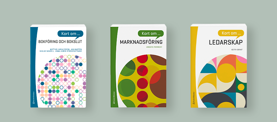 Mockups av böckerna Kort om bokföring och bokslut, Kort om marknadsföring och Kort om ledarskap