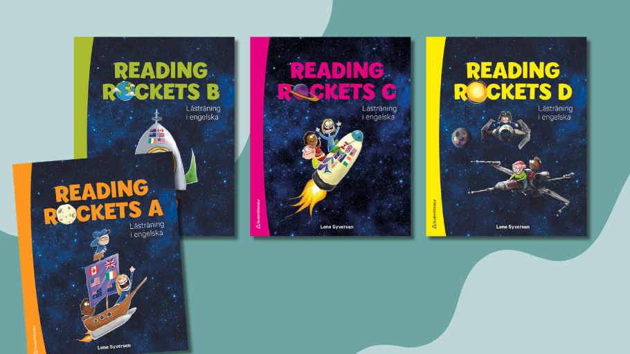 Omslag till Reading Rockets A-D, lästräning i engelska för åk 3–7. Boken innehåller varierade texter och övningar i läsförståelse.