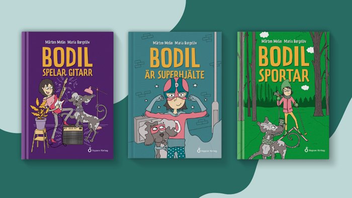 Omslag av böcker om Bodil och hunden Tofu. De hamnar i komiska situationer, med färgglada illustrationer av Maria Borgelöv