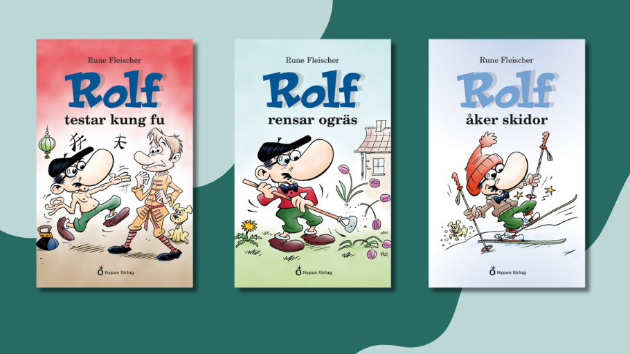 Omslag av flera Rolf-böcker, där Rolf, en liten man som ofta gör bort sig, syns leende. Serien passar både barn och äldre läsare.