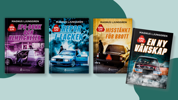 Omslag av böckerna i serien 'Epa-liv' av Magnus Ljunggren. Serien handlar om epa-kulturen, vänskap, förälskelse och djupa livssamtal.