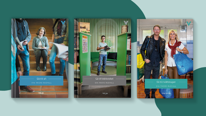 Omslag av serien 'Gå till' av Eva Thors Rudvall. Lättlästa fotoböcker med tydliga bilder, anpassade för nybörjare i svenska.