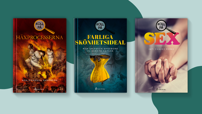 Omslag av serien Koll på, lättlästa faktaböcker med populärvetenskapliga ämnen, färgglada illustrationer och förklaringar av svåra ord.