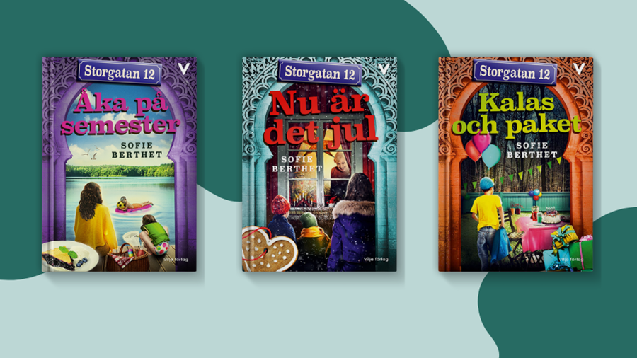 Omslag av böckerna i serien om familjen på Storgatan, som skildrar en mångkulturell familjs liv i Sverige med fokus på vardagliga händelser.