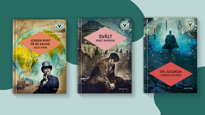 Omslag av serien Tidlösa berättelser, med lättlästa versioner av klassiska verk som Doktor Glas och Frankenstein, anpassade för undervisning.