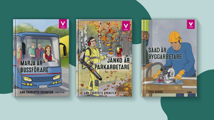 Omslag av Vilja jobba, en serie lättlästa böcker som beskriver en arbetsdag på ett enkelt språk, riktad till sfi-elever på A-D-nivå.