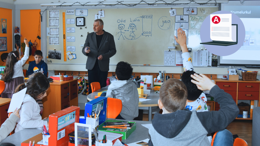 Artikel Med klassrummet fullt av Krumelurkul med Torsten Bengtsson som besöker en skola i Helsingborg. 