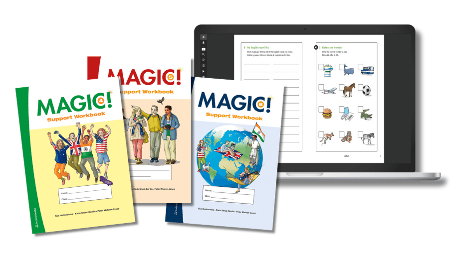 Magic! 4–6 Support Workbook – omslag till tryckta läromedel och digitalt läromedel för elever som enklare uppgifter.
