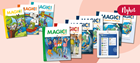 Omslag till flera tryckta läromedel i serien Magic! 1–9 samt ett digitalt läromedel visat på surfplatta.