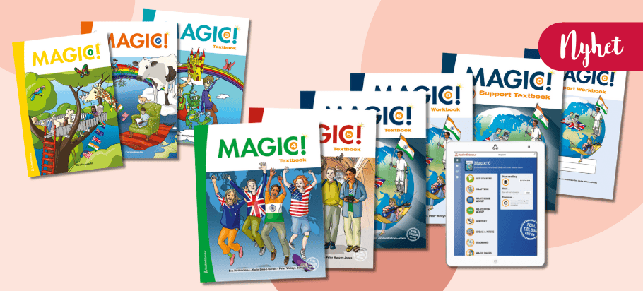Omslag till flera tryckta läromedel i serien Magic! 1–9 samt ett digitalt läromedel visat på surfplatta.