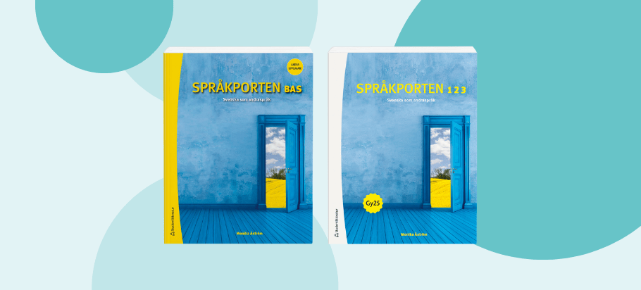 Omslag av läroböckerna Språkporten Bas och Språkporten 1 2 3