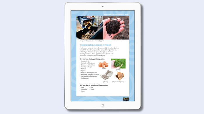 Träff på textens digitala textbank med nivåskrina texter. Blå är en svårare nivå med läsförståelseövningar.