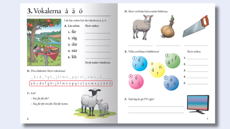 Uppslag ur Veckans ord 1 från kapitel tre som övar på vokalerna.