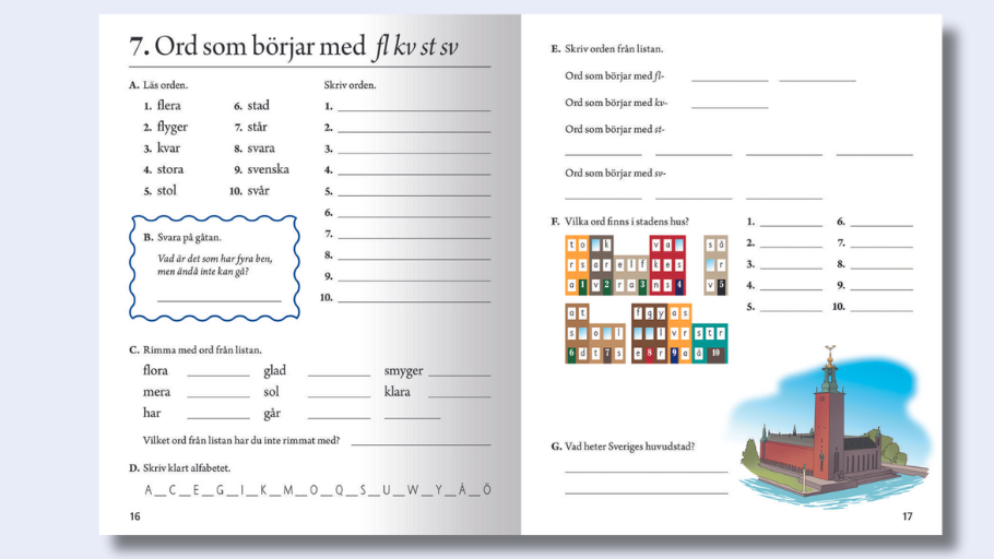 Uppslag ur Veckans ord 2 från kapitel sju som övar på ord som börjar på fl, kv, st, sv.