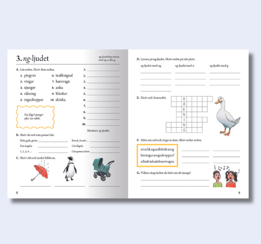 Uppslag ur Veckans ord 3 från kapitel tre som övar på ng-ljudet.