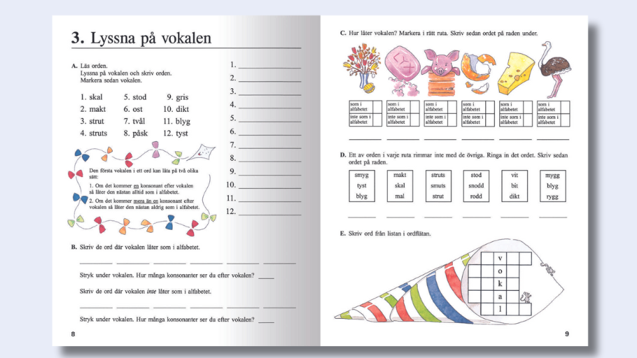 Uppslag ur Veckans ord 4 från kapitel tre som handlar om vokaler.