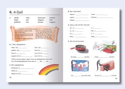 Uppslag ur Veckans ord 6 från kapitel sex som handlar om n-ljud.